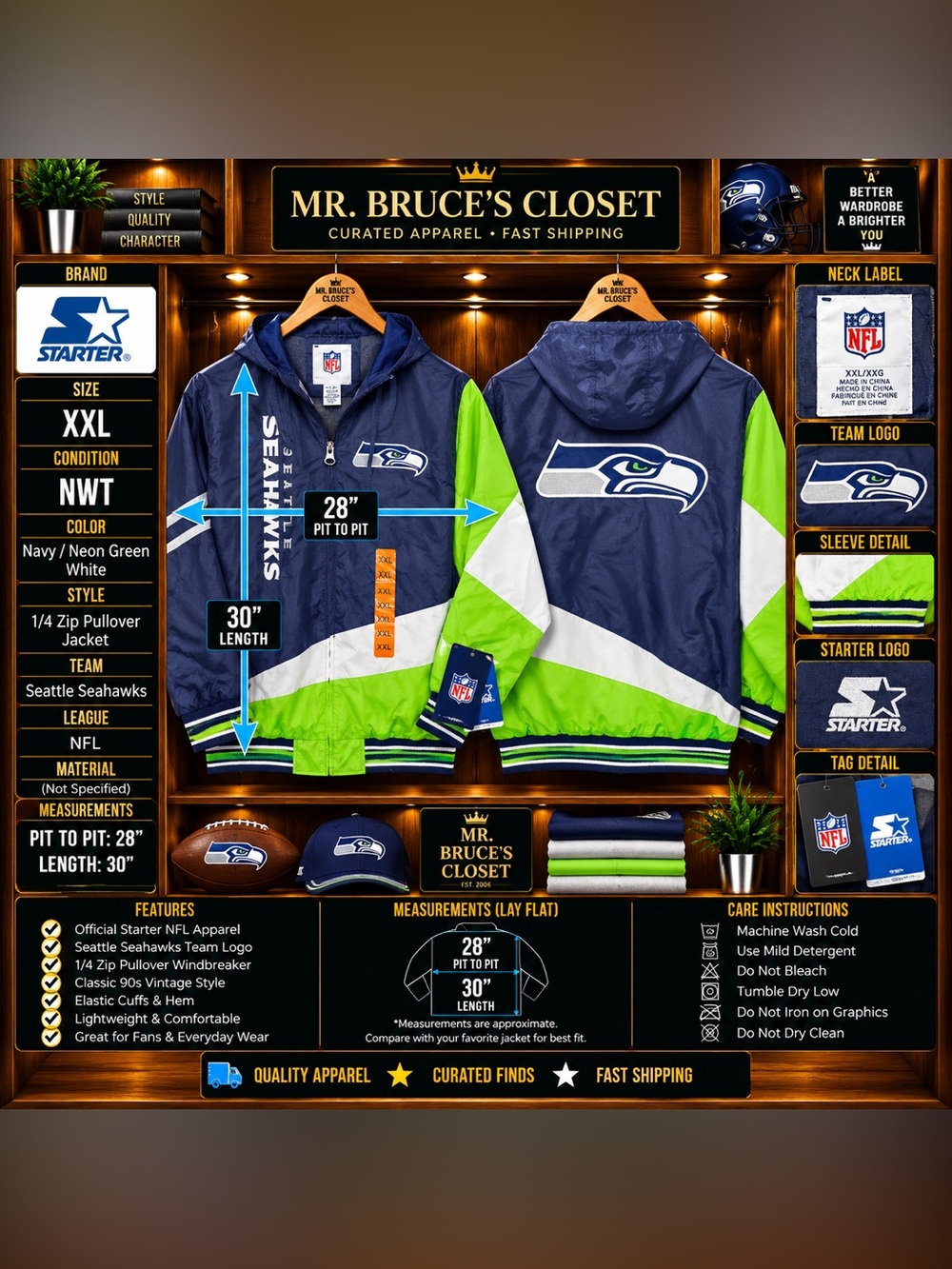 NFL Seattle Seahawks Windbreaker Jacket - Navy, Neon Green & White